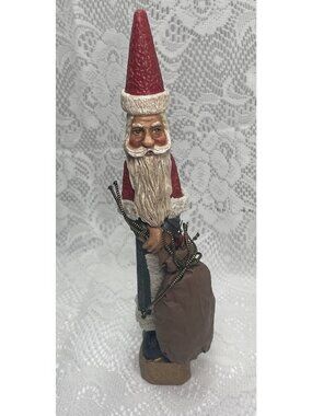 Vintage Santa Pencil Figure With Gift Bag Old World Type Santa 10” Tall.